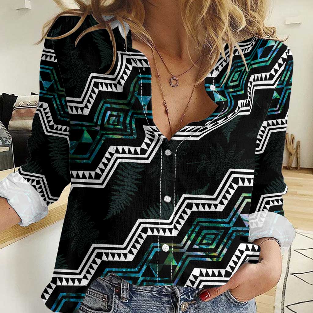 Personalised Taniko Aotearoa Mix Paua Shell Women Casual Shirt Niho Taniwha Turquoise Glitter LT01 Female Turquoise - Polynesian Pride