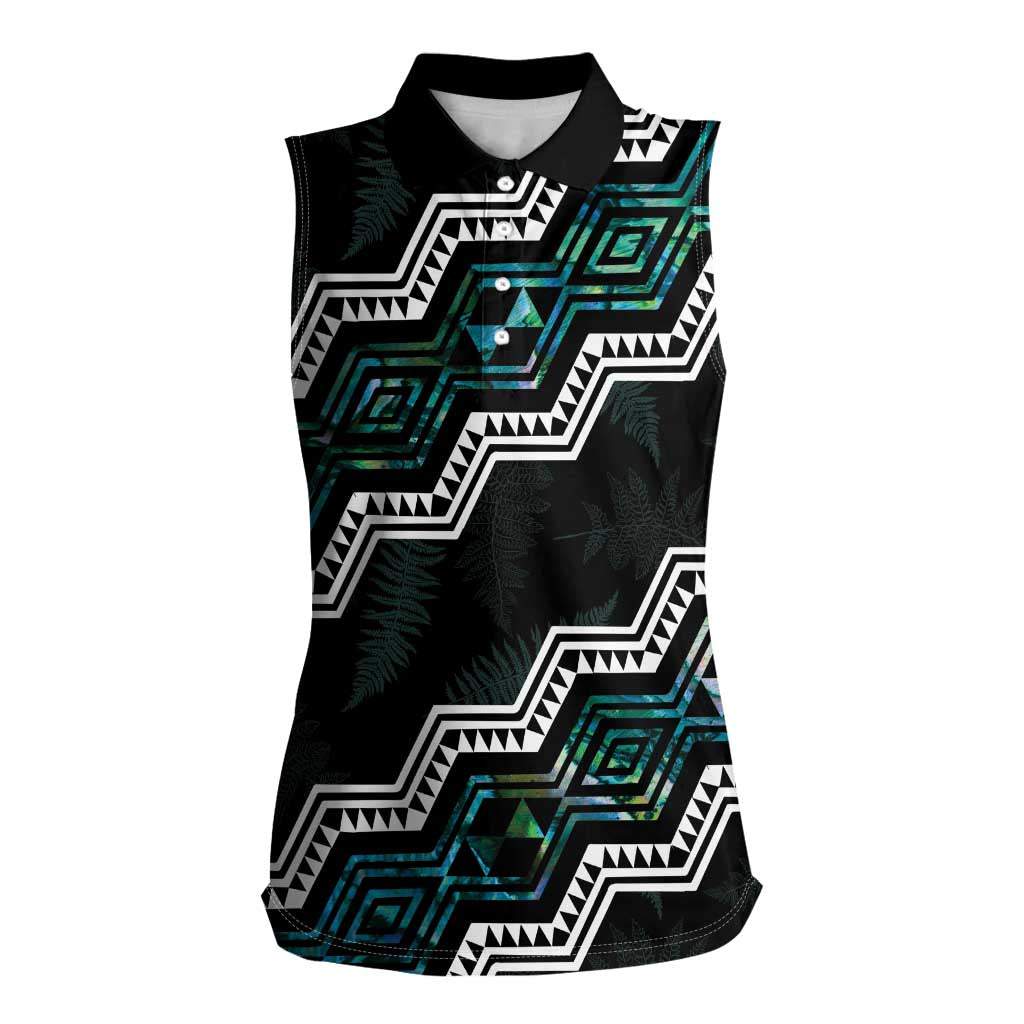 Personalised Taniko Aotearoa Mix Paua Shell Women Sleeveless Polo Shirt Niho Taniwha Turquoise Glitter LT01 Female Turquoise - Polynesian Pride