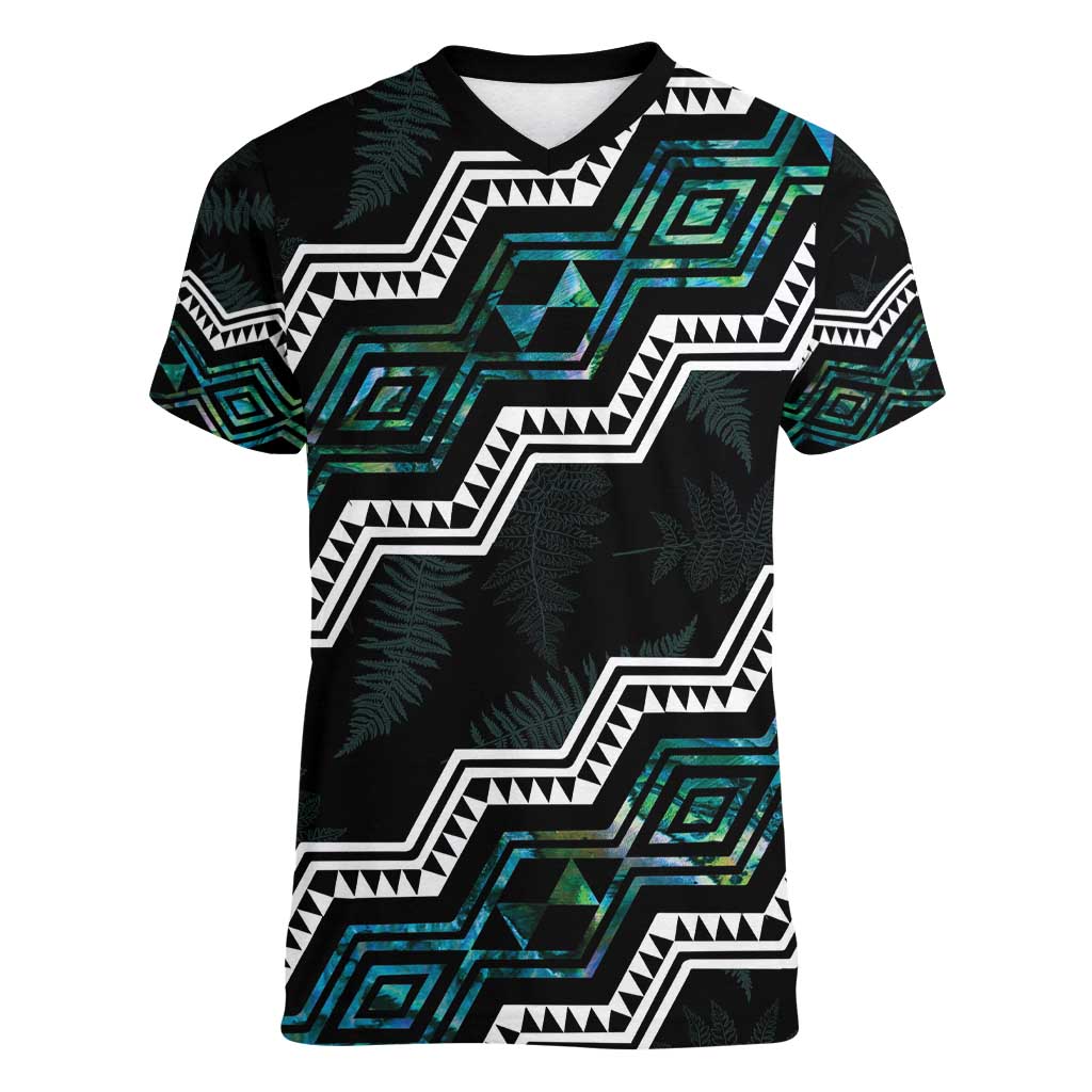 Personalised Taniko Aotearoa Mix Paua Shell Women V-Neck T-Shirt Niho Taniwha Turquoise Glitter LT01 Female Turquoise - Polynesian Pride