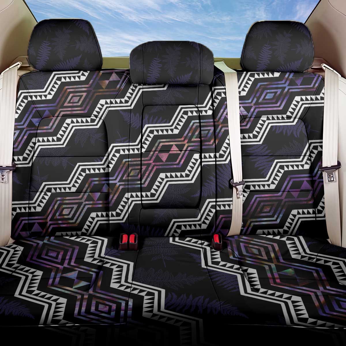Personalised Taniko Aotearoa Mix Paua Shell Back Car Seat Cover Niho Taniwha Lilac Glitter