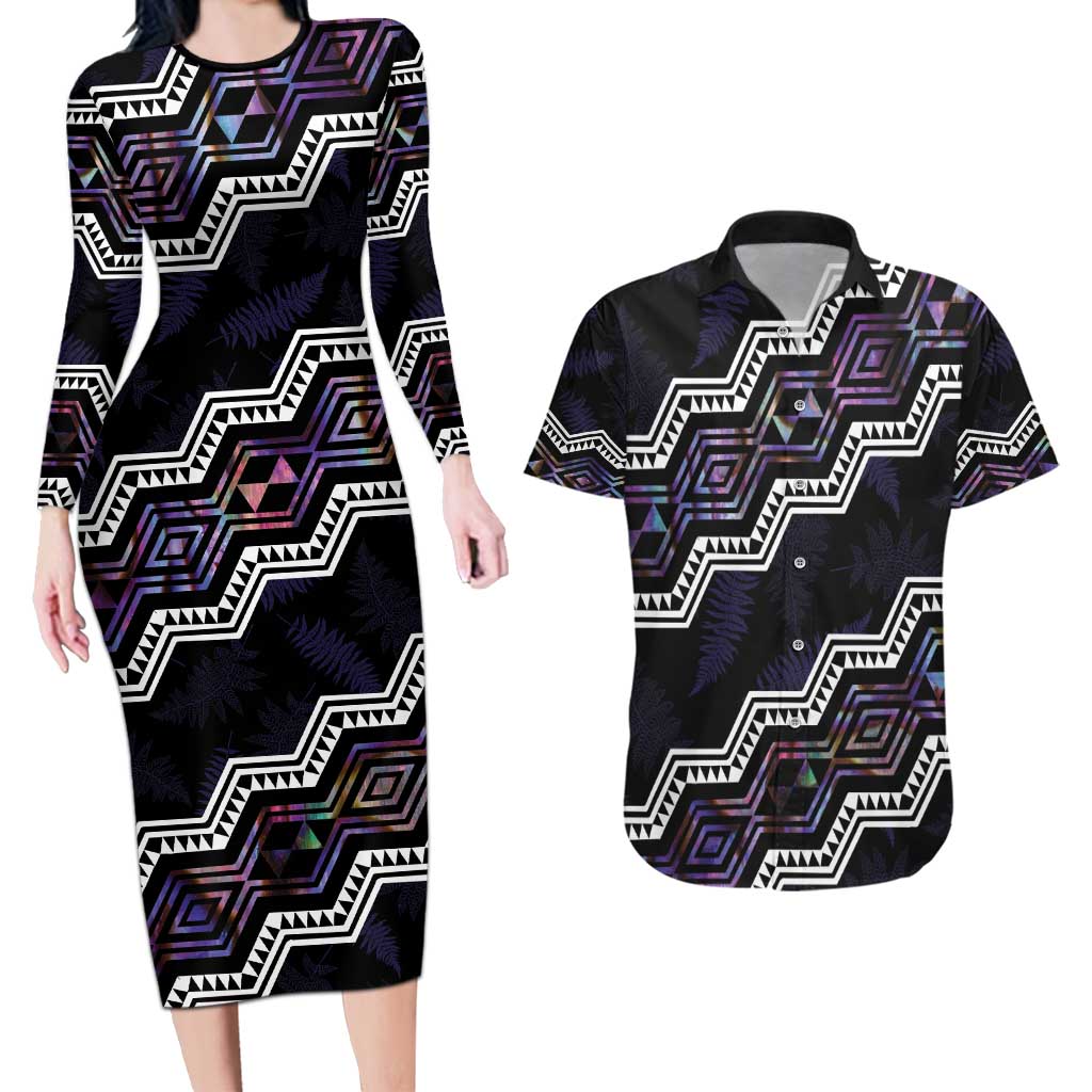 Personalised Taniko Aotearoa Mix Paua Shell Couples Matching Long Sleeve Bodycon Dress and Hawaiian Shirt Niho Taniwha Lilac Glitter LT01 Purple - Polynesian Pride