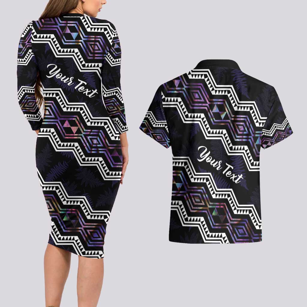 Personalised Taniko Aotearoa Mix Paua Shell Couples Matching Long Sleeve Bodycon Dress and Hawaiian Shirt Niho Taniwha Lilac Glitter LT01 - Polynesian Pride