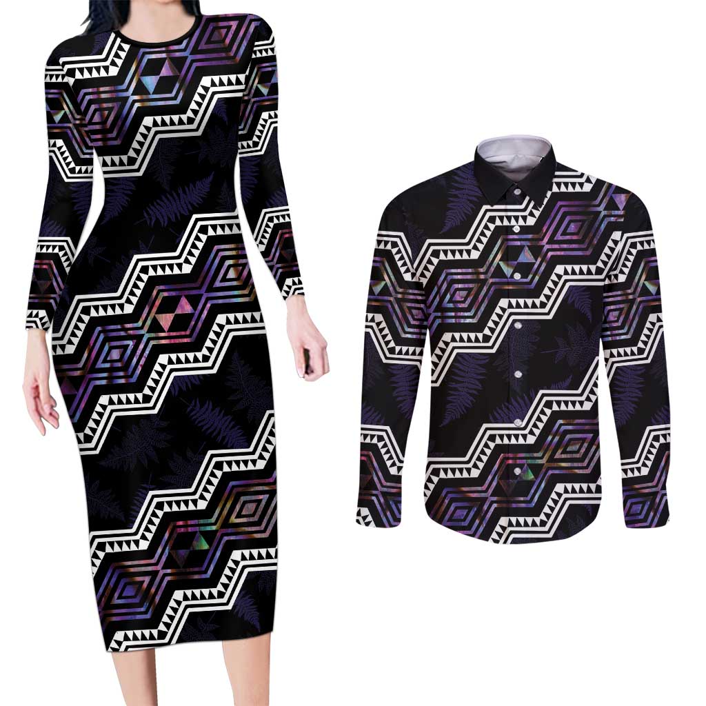 Personalised Taniko Aotearoa Mix Paua Shell Couples Matching Long Sleeve Bodycon Dress and Long Sleeve Button Shirt Niho Taniwha Lilac Glitter LT01 Purple - Polynesian Pride