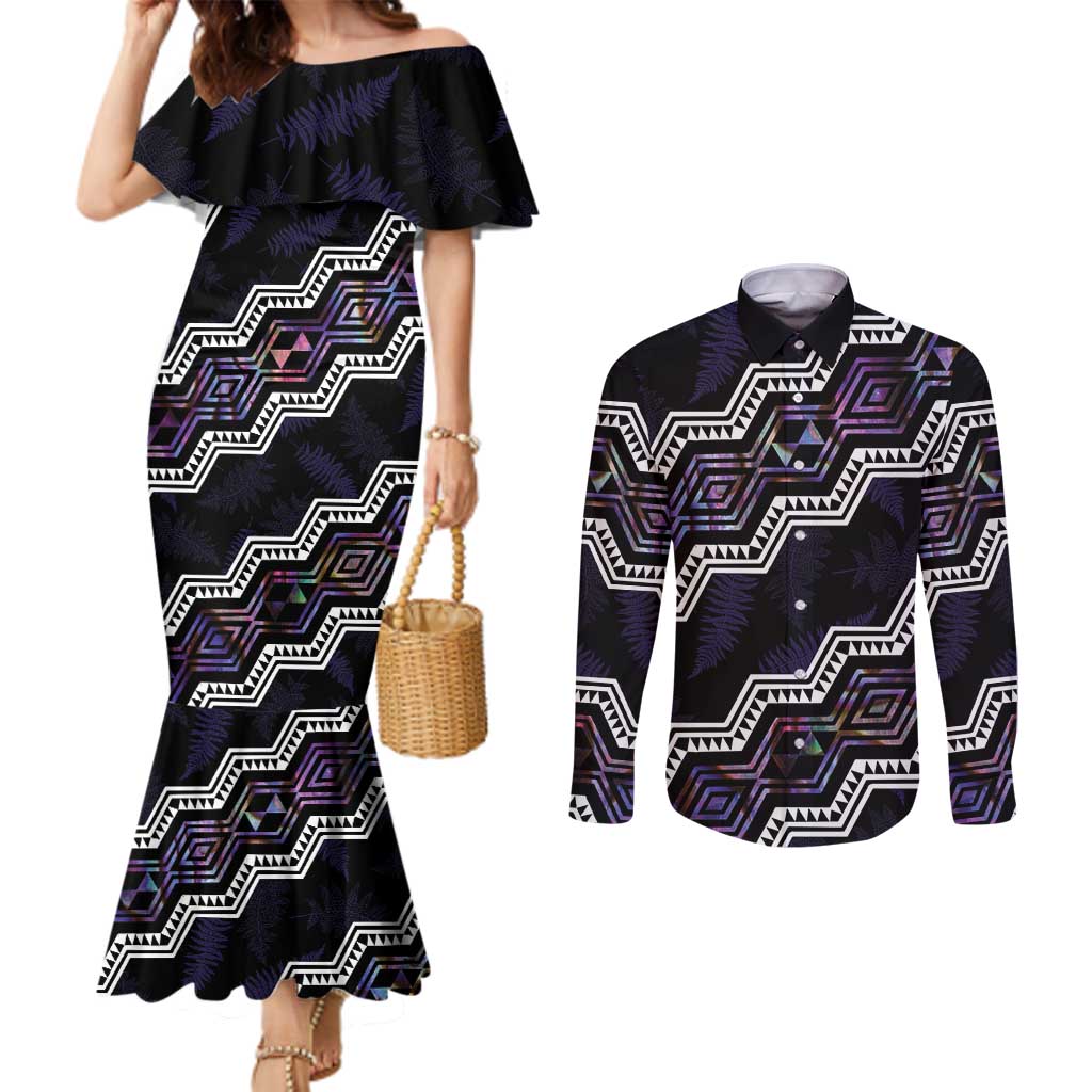 Personalised Taniko Aotearoa Mix Paua Shell Couples Matching Mermaid Dress and Long Sleeve Button Shirt Niho Taniwha Lilac Glitter LT01 Purple - Polynesian Pride