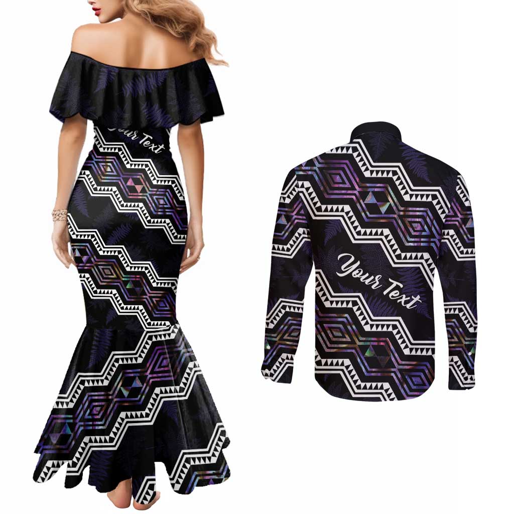 Personalised Taniko Aotearoa Mix Paua Shell Couples Matching Mermaid Dress and Long Sleeve Button Shirt Niho Taniwha Lilac Glitter LT01 - Polynesian Pride