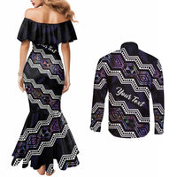 Personalised Taniko Aotearoa Mix Paua Shell Couples Matching Mermaid Dress and Long Sleeve Button Shirt Niho Taniwha Lilac Glitter LT01 - Polynesian Pride