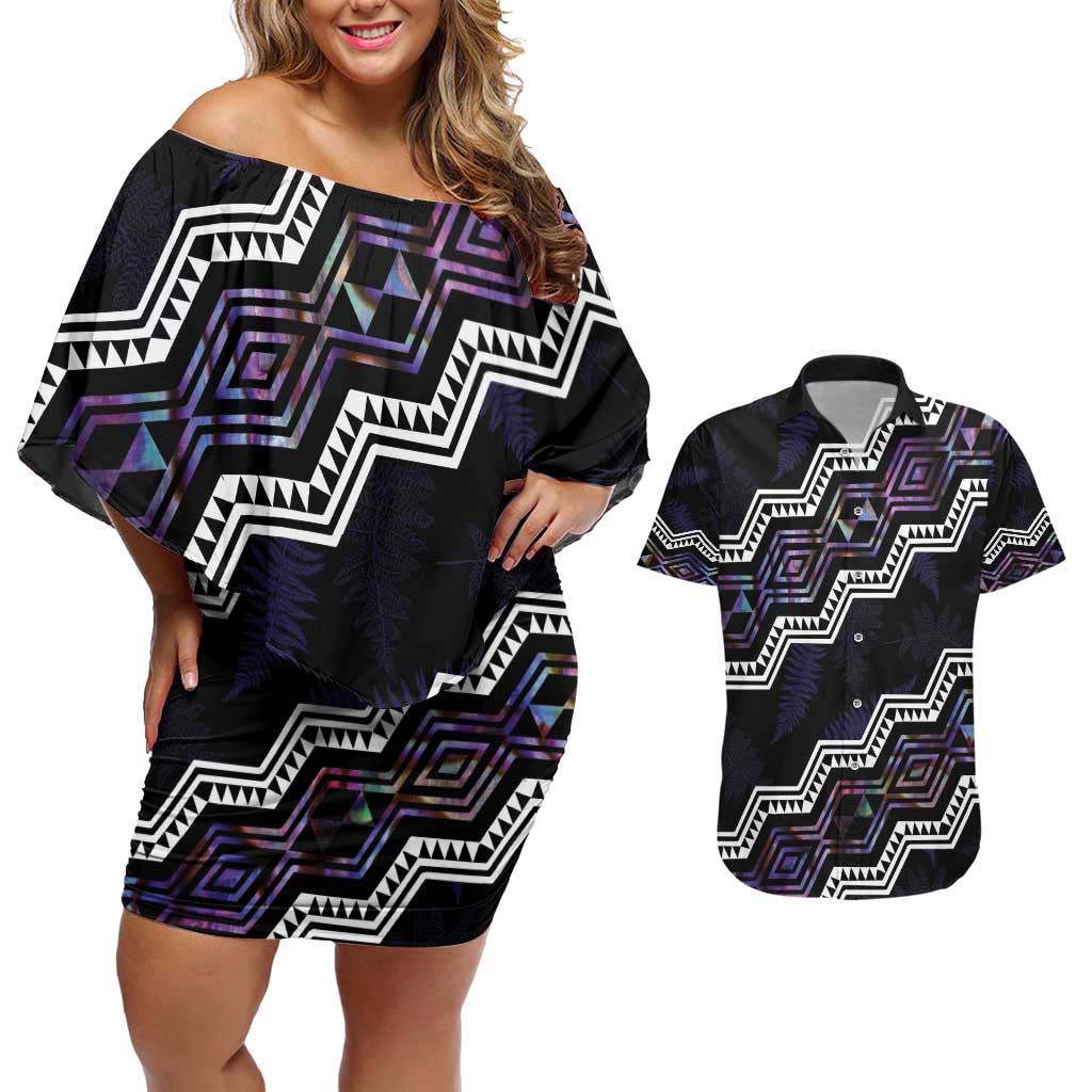 Personalised Taniko Aotearoa Mix Paua Shell Couples Matching Off Shoulder Short Dress and Hawaiian Shirt Niho Taniwha Lilac Glitter