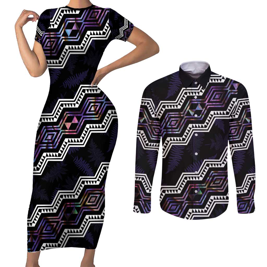 Personalised Taniko Aotearoa Mix Paua Shell Couples Matching Short Sleeve Bodycon Dress and Long Sleeve Button Shirt Niho Taniwha Lilac Glitter
