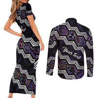 Personalised Taniko Aotearoa Mix Paua Shell Couples Matching Short Sleeve Bodycon Dress and Long Sleeve Button Shirt Niho Taniwha Lilac Glitter LT01 - Polynesian Pride