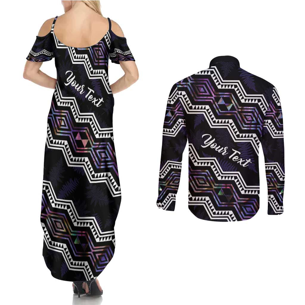 Personalised Taniko Aotearoa Mix Paua Shell Couples Matching Summer Maxi Dress and Long Sleeve Button Shirt Niho Taniwha Lilac Glitter