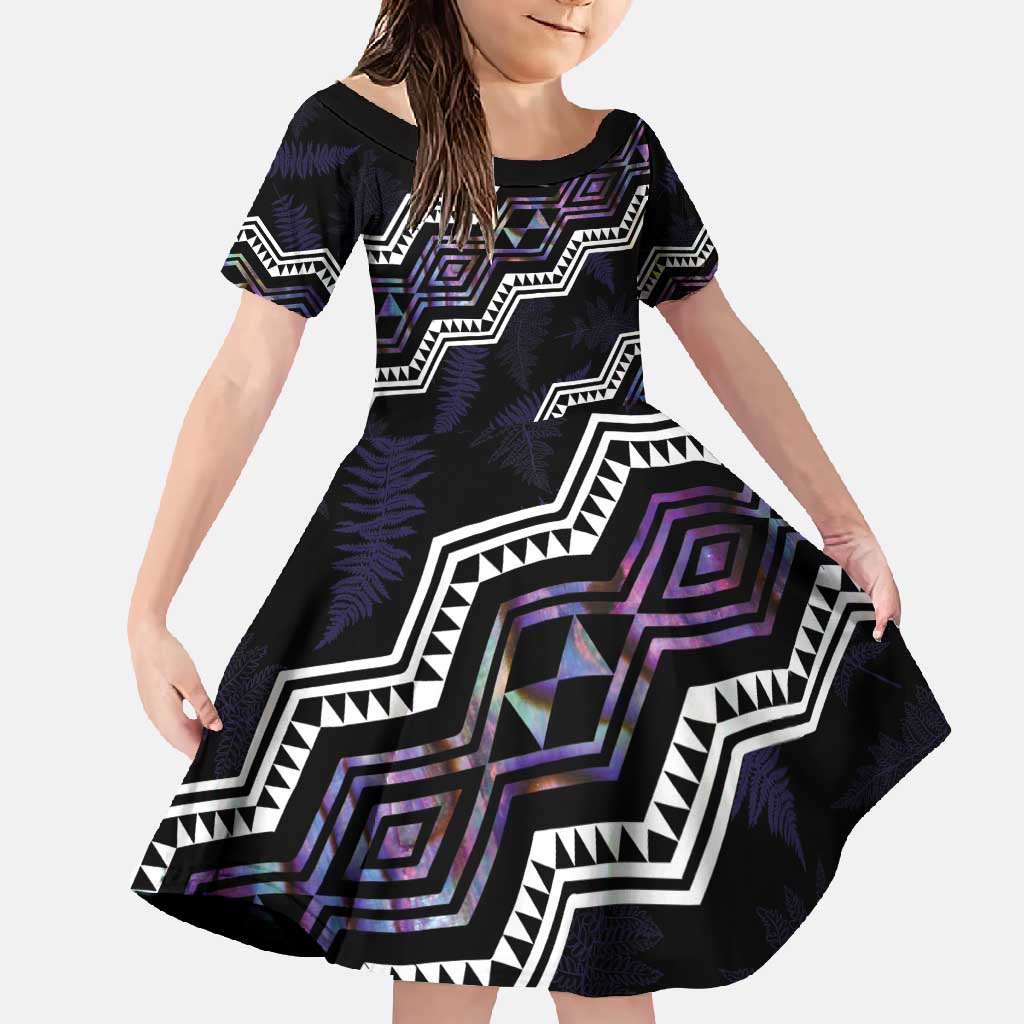 Personalised Taniko Aotearoa Mix Paua Shell Family Matching Off Shoulder Maxi Dress and Hawaiian Shirt Niho Taniwha Lilac Glitter LT01 Daughter's Dress Purple - Polynesian Pride