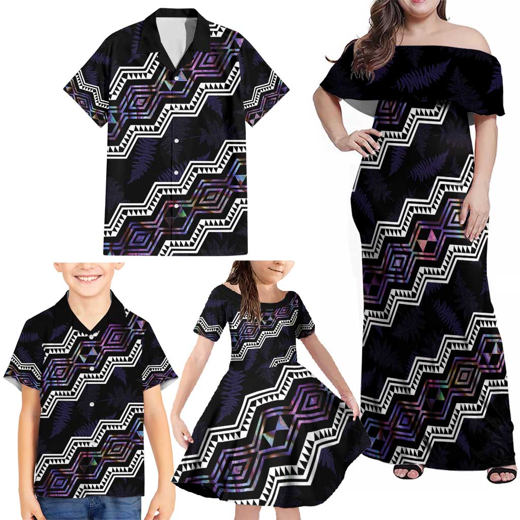 Personalised Taniko Aotearoa Mix Paua Shell Family Matching Off Shoulder Maxi Dress and Hawaiian Shirt Niho Taniwha Lilac Glitter LT01 - Polynesian Pride