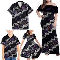 Personalised Taniko Aotearoa Mix Paua Shell Family Matching Off Shoulder Maxi Dress and Hawaiian Shirt Niho Taniwha Lilac Glitter LT01 - Polynesian Pride