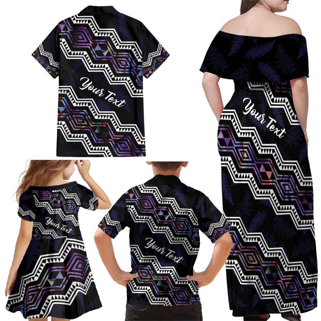 Personalised Taniko Aotearoa Mix Paua Shell Family Matching Off Shoulder Maxi Dress and Hawaiian Shirt Niho Taniwha Lilac Glitter LT01 - Polynesian Pride