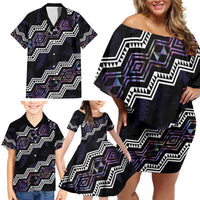 Personalised Taniko Aotearoa Mix Paua Shell Family Matching Off Shoulder Short Dress and Hawaiian Shirt Niho Taniwha Lilac Glitter LT01 - Polynesian Pride