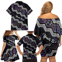 Personalised Taniko Aotearoa Mix Paua Shell Family Matching Off Shoulder Short Dress and Hawaiian Shirt Niho Taniwha Lilac Glitter LT01 - Polynesian Pride