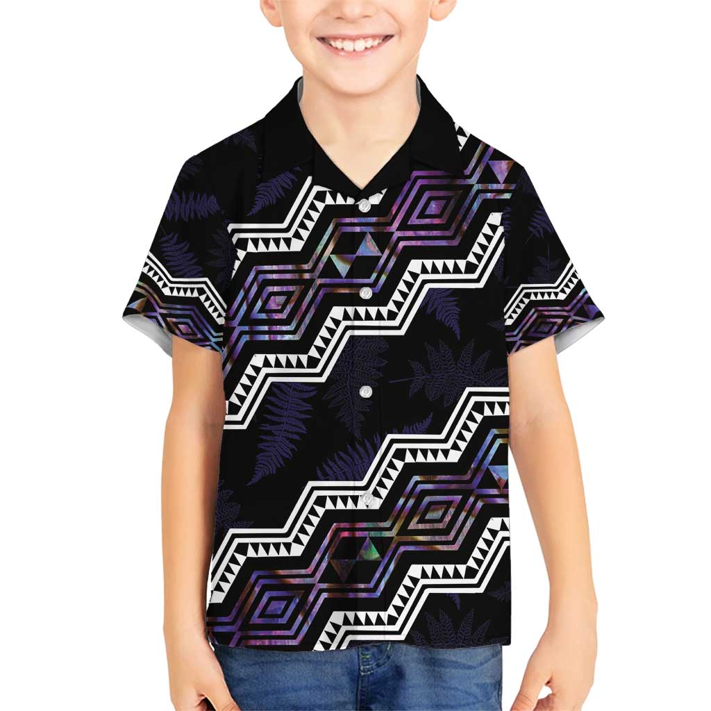 Personalised Taniko Aotearoa Mix Paua Shell Family Matching Off Shoulder Short Dress and Hawaiian Shirt Niho Taniwha Lilac Glitter LT01 Son's Shirt Purple - Polynesian Pride