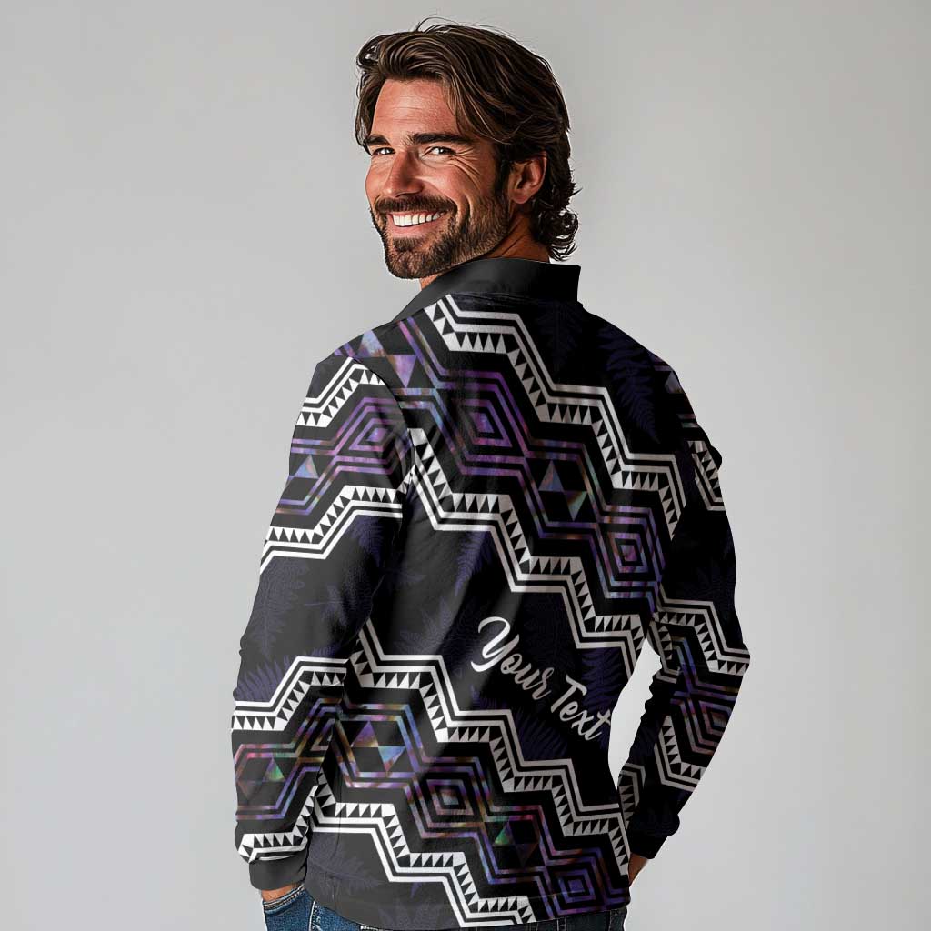 Personalised Taniko Aotearoa Mix Paua Shell Long Sleeve Polo Shirt Niho Taniwha Lilac Glitter