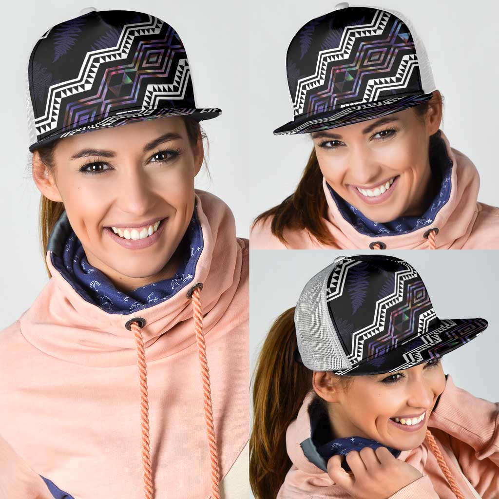Taniko Aotearoa Mix Paua Shell Mesh Trucker Cap Niho Taniwha Lilac Glitter - Polynesian Pride