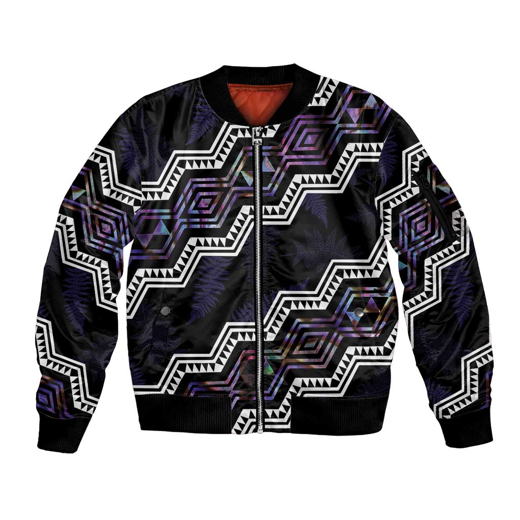 Personalised Taniko Aotearoa Mix Paua Shell Sleeve Zip Bomber Jacket Niho Taniwha Lilac Glitter