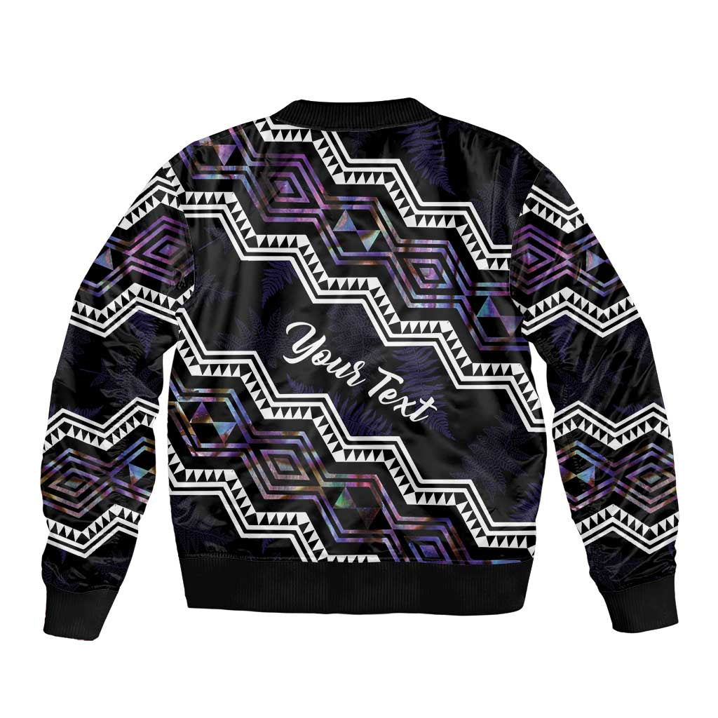 Personalised Taniko Aotearoa Mix Paua Shell Sleeve Zip Bomber Jacket Niho Taniwha Lilac Glitter