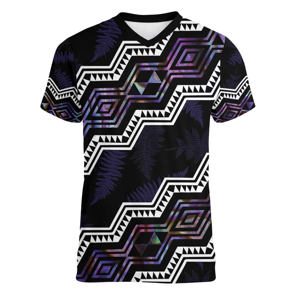 Personalised Taniko Aotearoa Mix Paua Shell Women V-Neck T-Shirt Niho Taniwha Lilac Glitter LT01 Female Purple - Polynesian Pride