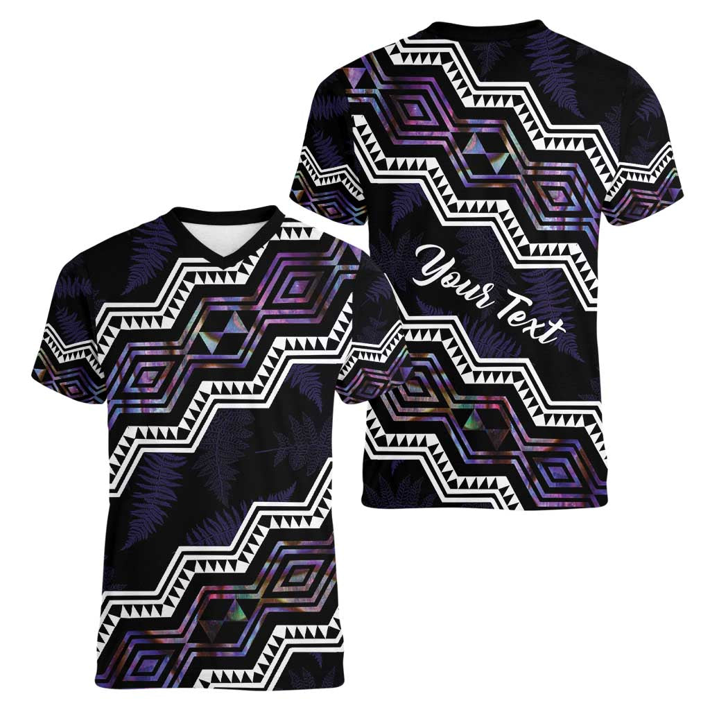 Personalised Taniko Aotearoa Mix Paua Shell Women V-Neck T-Shirt Niho Taniwha Lilac Glitter