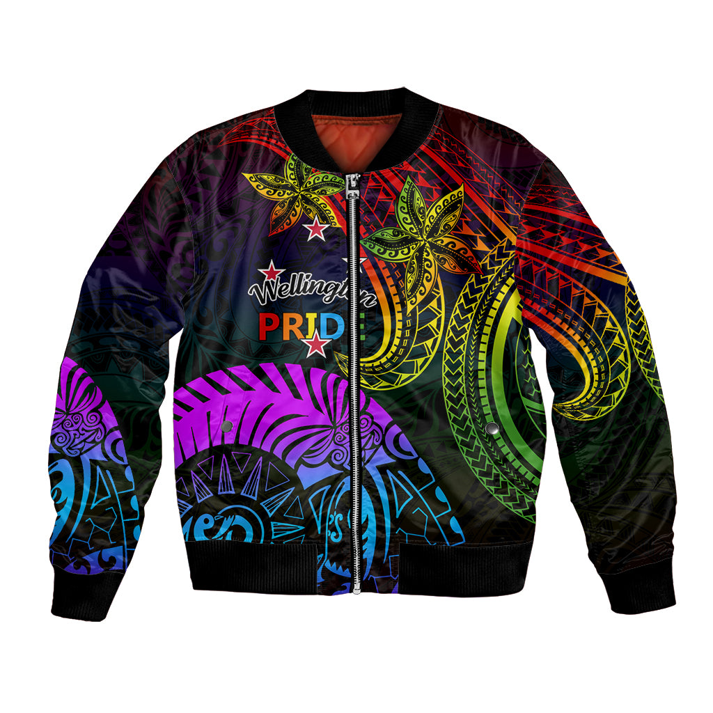 Wellington Pride Bomber Jacket Aotearoa Tribal Rainbow Pattern LT01 Unisex Black - Polynesian Pride