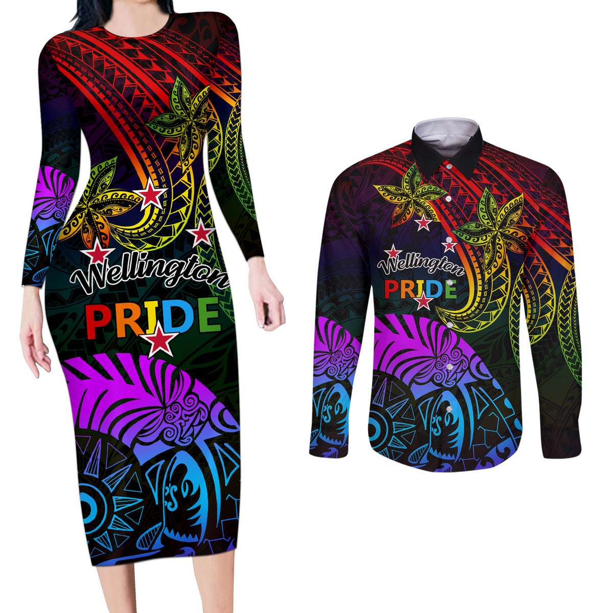 Wellington Pride Couples Matching Long Sleeve Bodycon Dress and Long Sleeve Button Shirt Aotearoa Tribal Rainbow Pattern LT01 Black - Polynesian Pride