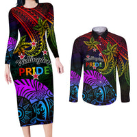 Wellington Pride Couples Matching Long Sleeve Bodycon Dress and Long Sleeve Button Shirt Aotearoa Tribal Rainbow Pattern LT01 Black - Polynesian Pride