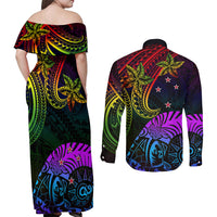 Wellington Pride Couples Matching Off Shoulder Maxi Dress and Long Sleeve Button Shirt Aotearoa Tribal Rainbow Pattern LT01 - Polynesian Pride