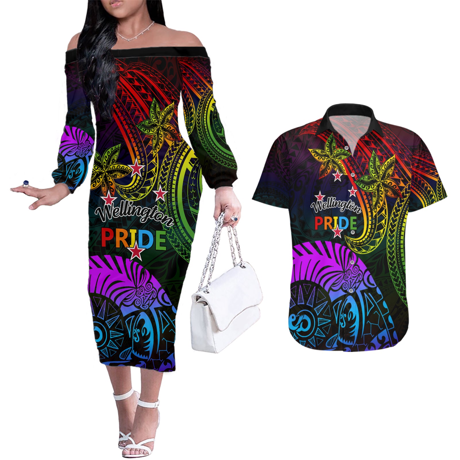 Wellington Pride Couples Matching Off The Shoulder Long Sleeve Dress and Hawaiian Shirt Aotearoa Tribal Rainbow Pattern LT01 Black - Polynesian Pride