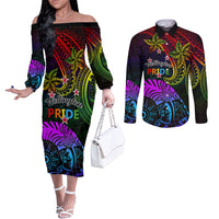 Wellington Pride Couples Matching Off The Shoulder Long Sleeve Dress and Long Sleeve Button Shirt Aotearoa Tribal Rainbow Pattern LT01 Black - Polynesian Pride
