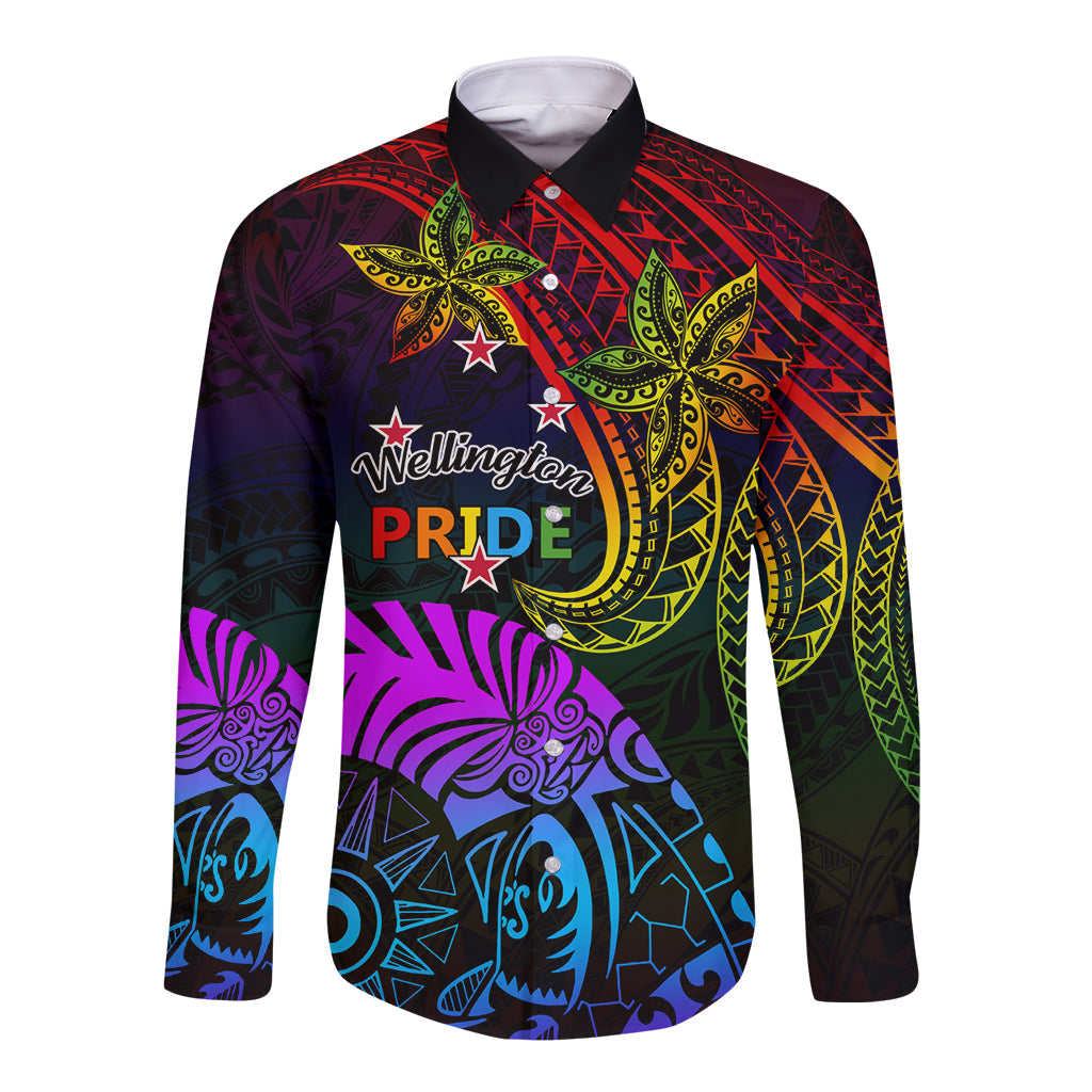 Wellington Pride Long Sleeve Button Shirt Aotearoa Tribal Rainbow Pattern LT01 Unisex Black - Polynesian Pride