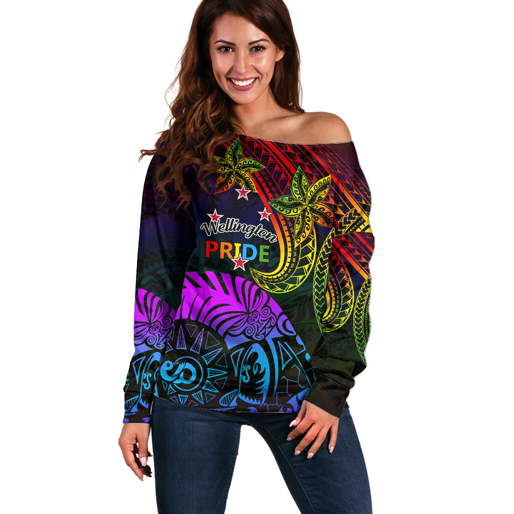 Wellington Pride Off Shoulder Sweater Aotearoa Tribal Rainbow Pattern LT01 Women Black - Polynesian Pride