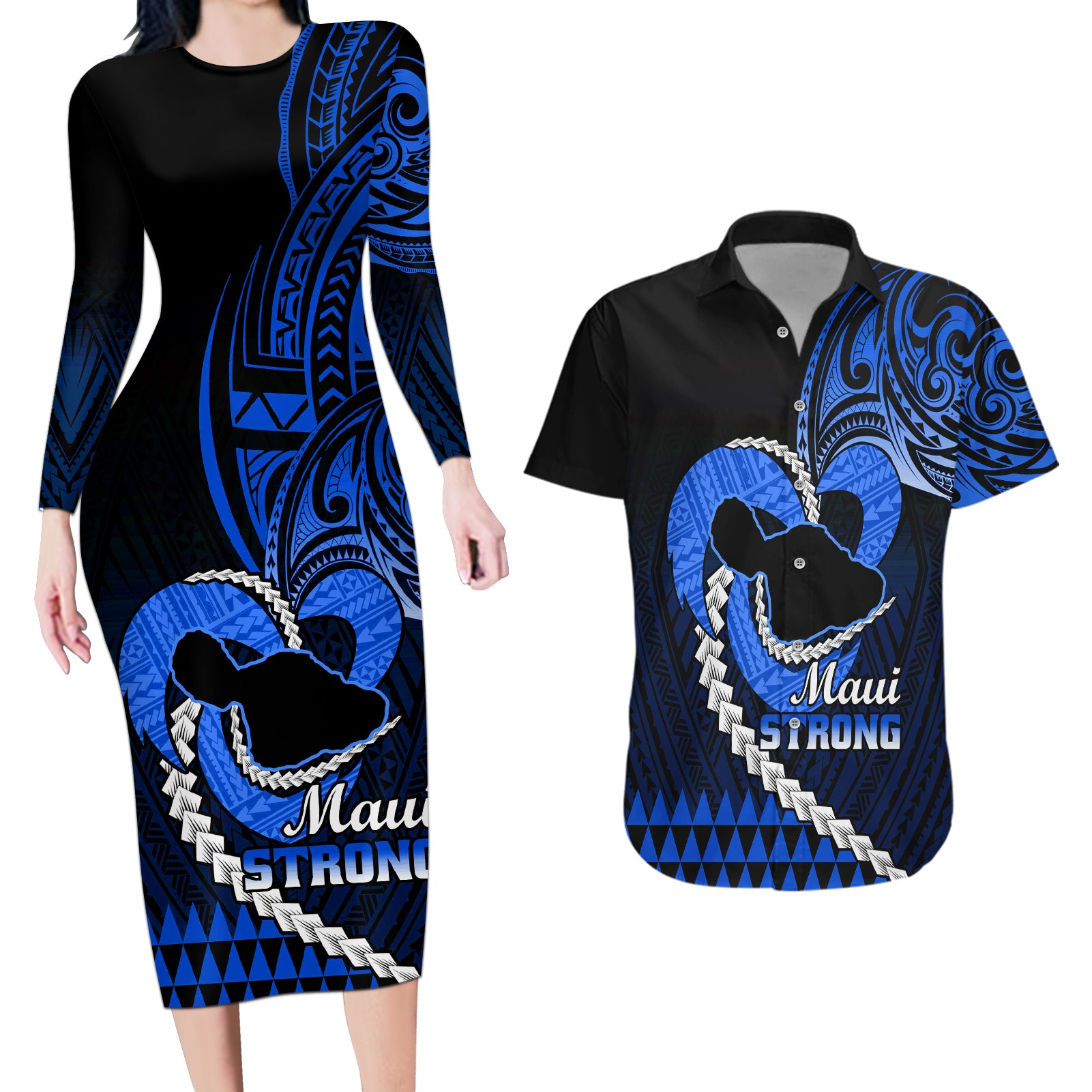 Personalised Hawaii Couples Matching Long Sleeve Bodycon Dress and Hawaiian Shirt Maui Be Strong Kakau Blue Version LT01 Blue - Polynesian Pride