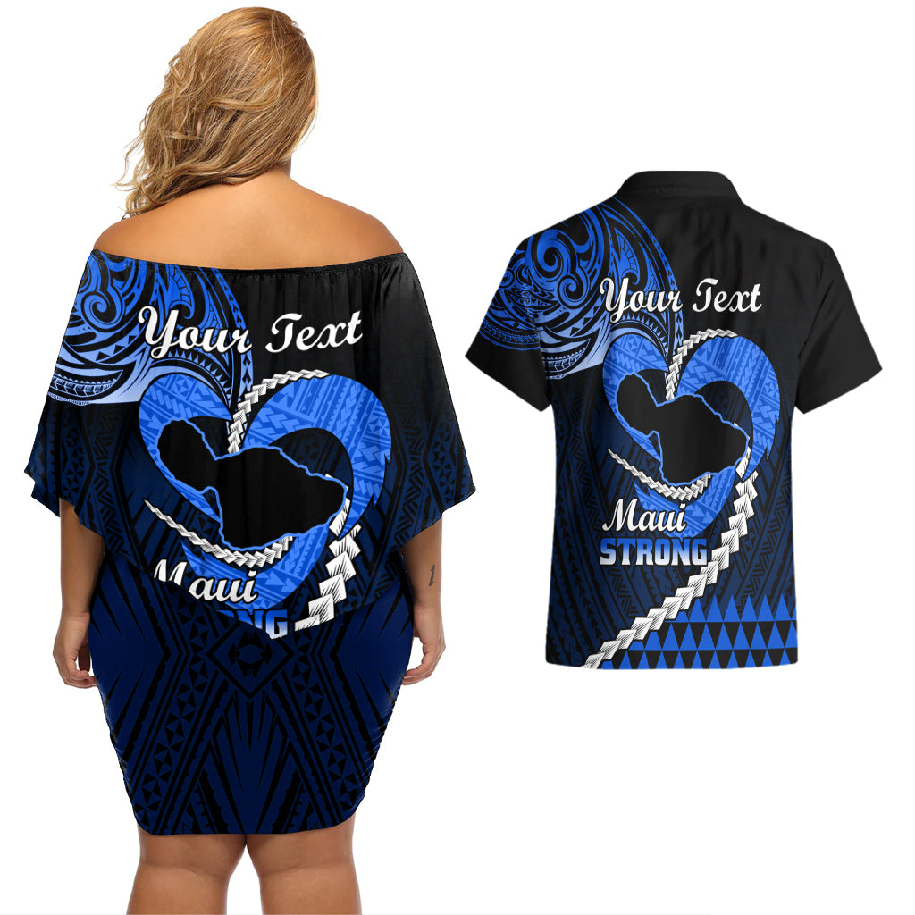 Personalised Hawaii Couples Matching Off Shoulder Short Dress and Hawaiian Shirt Maui Be Strong Kakau Blue Version LT01 - Polynesian Pride