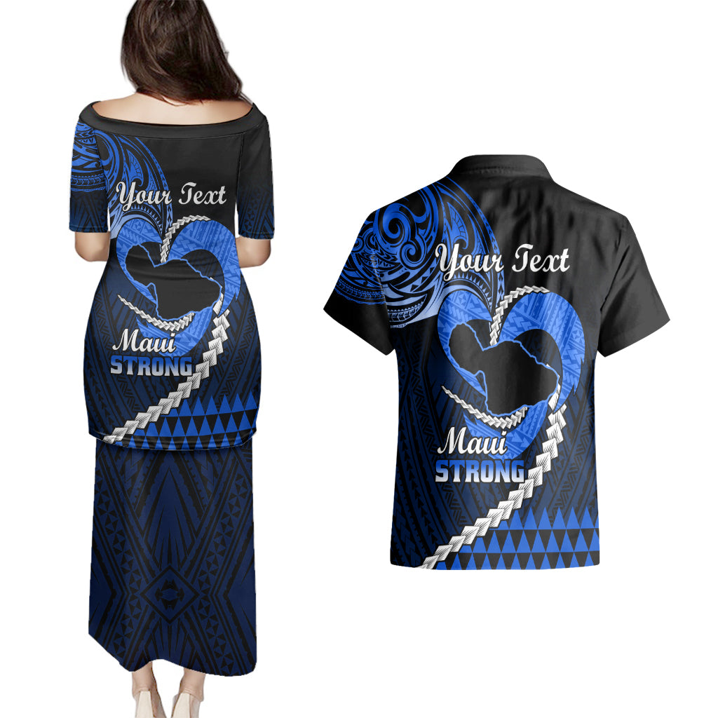 Personalised Hawaii Couples Matching Puletasi Dress and Hawaiian Shirt Maui Be Strong Kakau Blue Version LT01 - Polynesian Pride