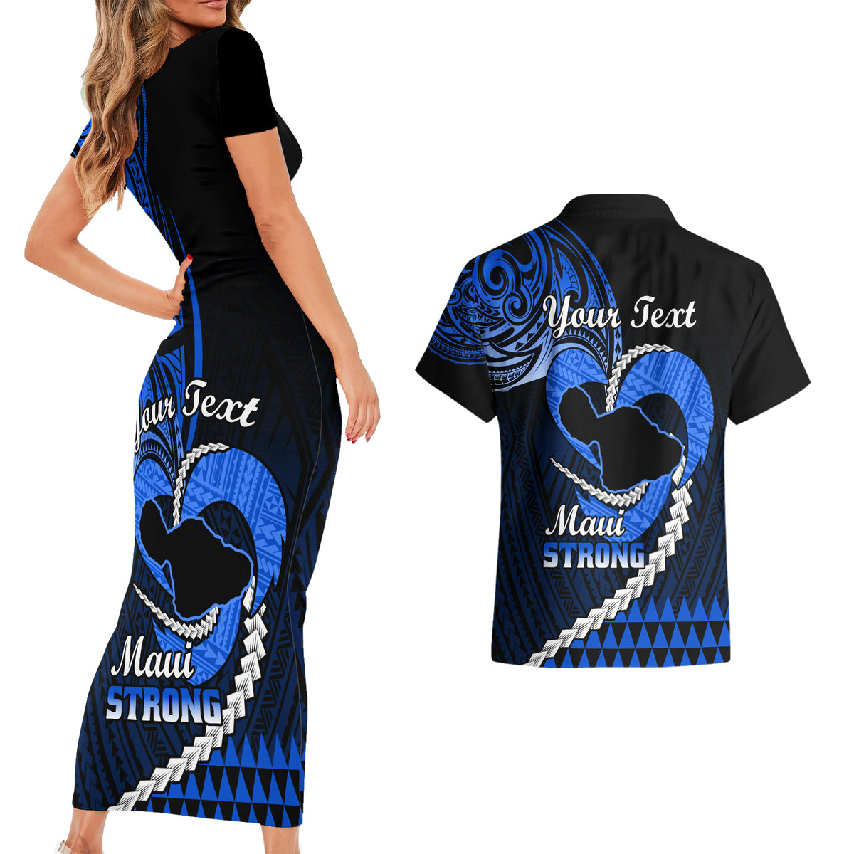 Personalised Hawaii Couples Matching Short Sleeve Bodycon Dress and Hawaiian Shirt Maui Be Strong Kakau Blue Version LT01 - Polynesian Pride