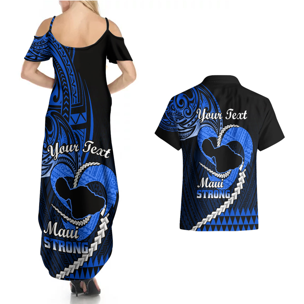 Personalised Hawaii Couples Matching Summer Maxi Dress and Hawaiian Shirt Maui Be Strong Kakau Blue Version LT01 - Polynesian Pride