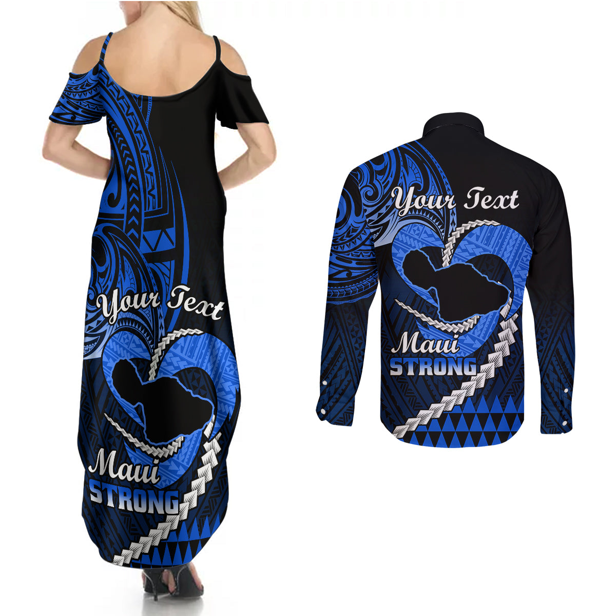 Personalised Hawaii Couples Matching Summer Maxi Dress and Long Sleeve Button Shirts Maui Be Strong Kakau Blue Version LT01 - Polynesian Pride