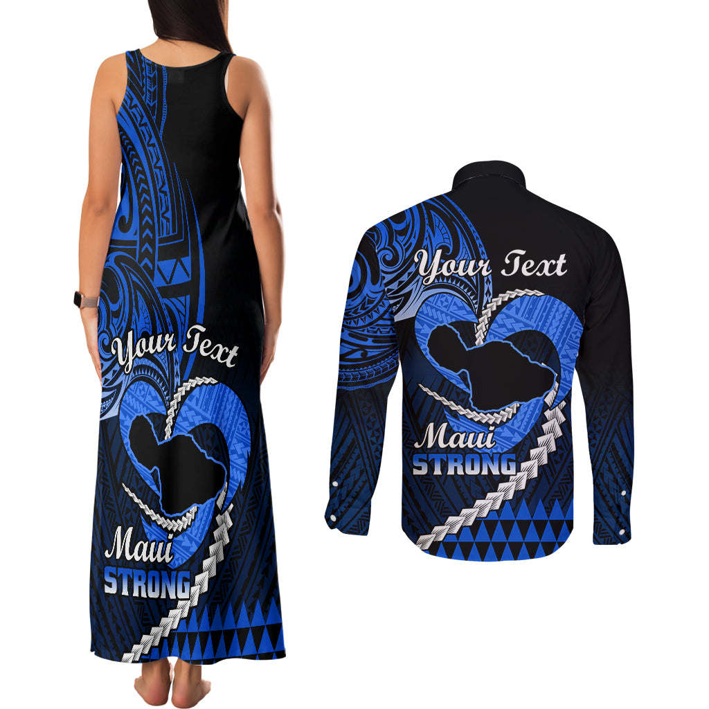 Personalised Hawaii Couples Matching Tank Maxi Dress and Long Sleeve Button Shirts Maui Be Strong Kakau Blue Version LT01 - Polynesian Pride