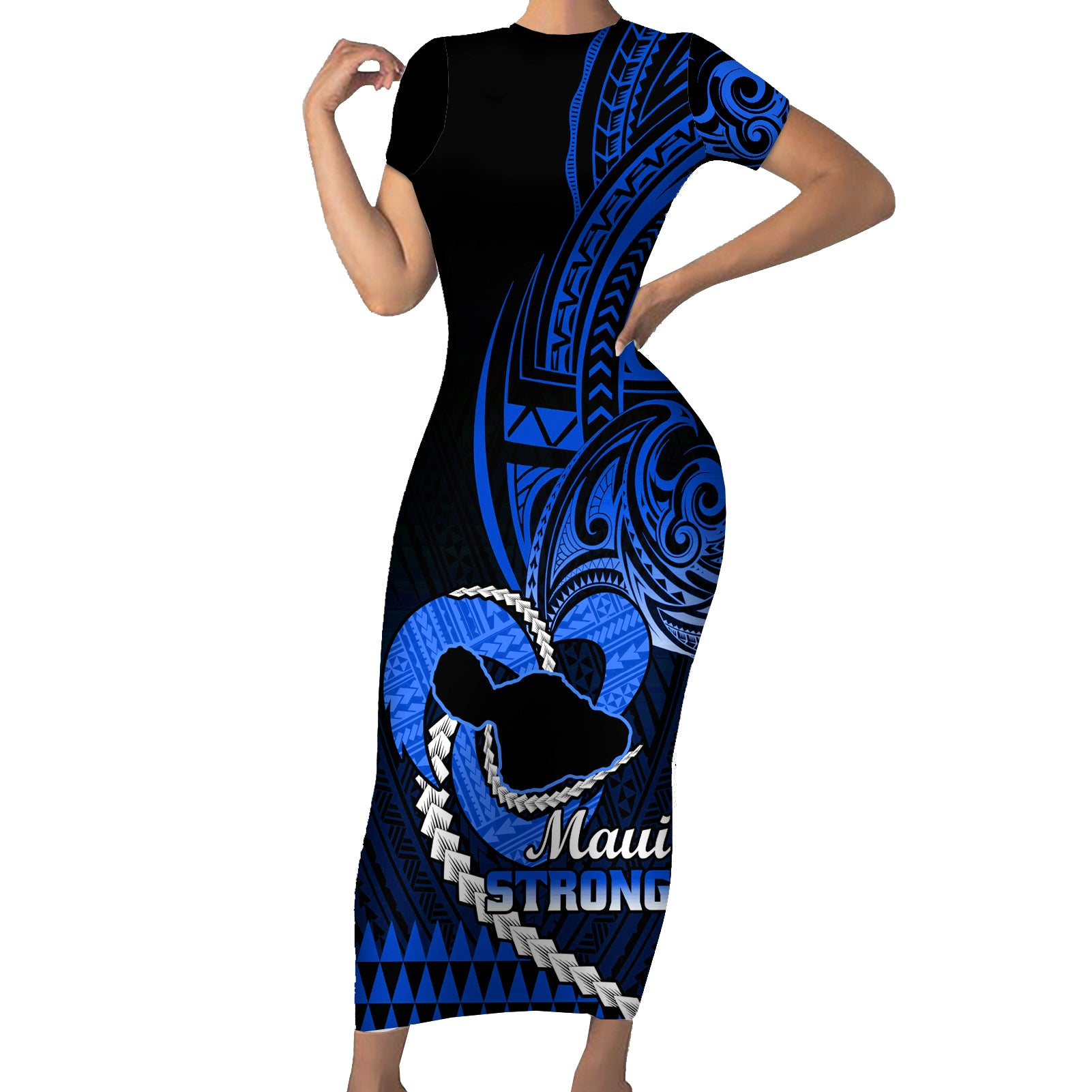 Personalised Hawaii Short Sleeve Bodycon Dress Maui Be Strong Kakau Blue Version LT01 Long Dress Blue - Polynesian Pride