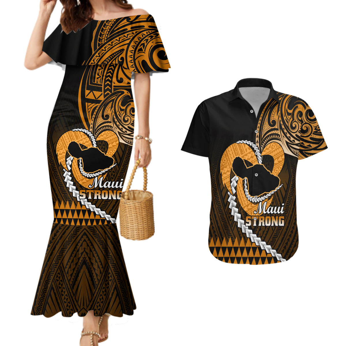 Personalised Hawaii Couples Matching Mermaid Dress and Hawaiian Shirt Maui Be Strong Kakau Gold Version LT01 Gold - Polynesian Pride