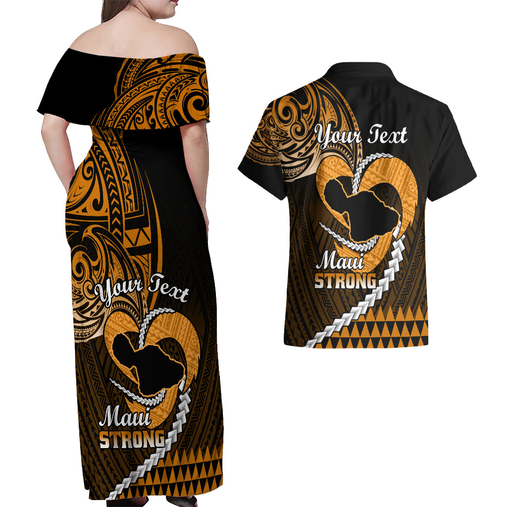 Personalised Hawaii Couples Matching Off Shoulder Maxi Dress and Hawaiian Shirt Maui Be Strong Kakau Gold Version LT01 - Polynesian Pride