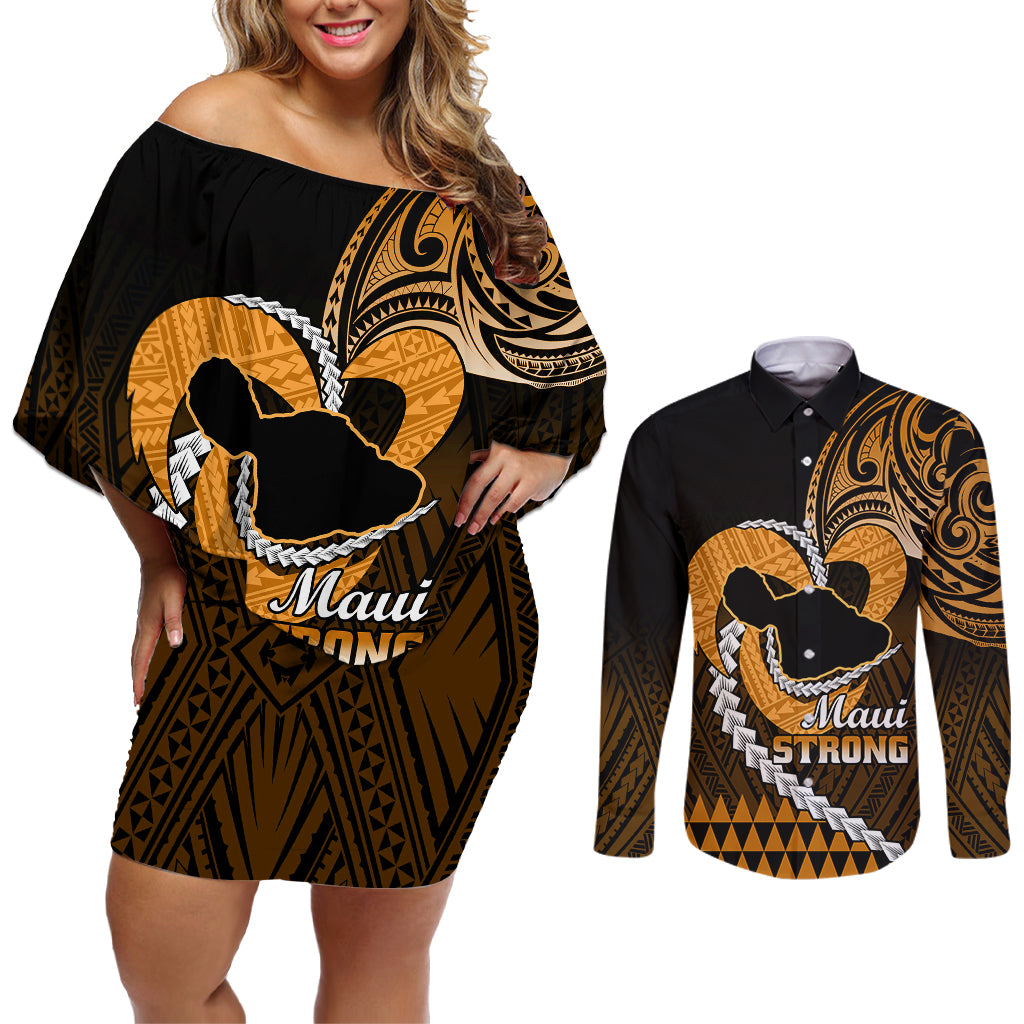 Personalised Hawaii Couples Matching Off Shoulder Short Dress and Long Sleeve Button Shirts Maui Be Strong Kakau Gold Version LT01 Gold - Polynesian Pride