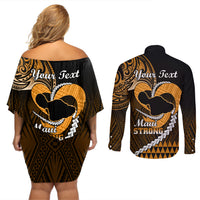 Personalised Hawaii Couples Matching Off Shoulder Short Dress and Long Sleeve Button Shirts Maui Be Strong Kakau Gold Version LT01 - Polynesian Pride
