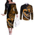 Personalised Hawaii Couples Matching Off The Shoulder Long Sleeve Dress and Long Sleeve Button Shirts Maui Be Strong Kakau Gold Version LT01 Gold - Polynesian Pride