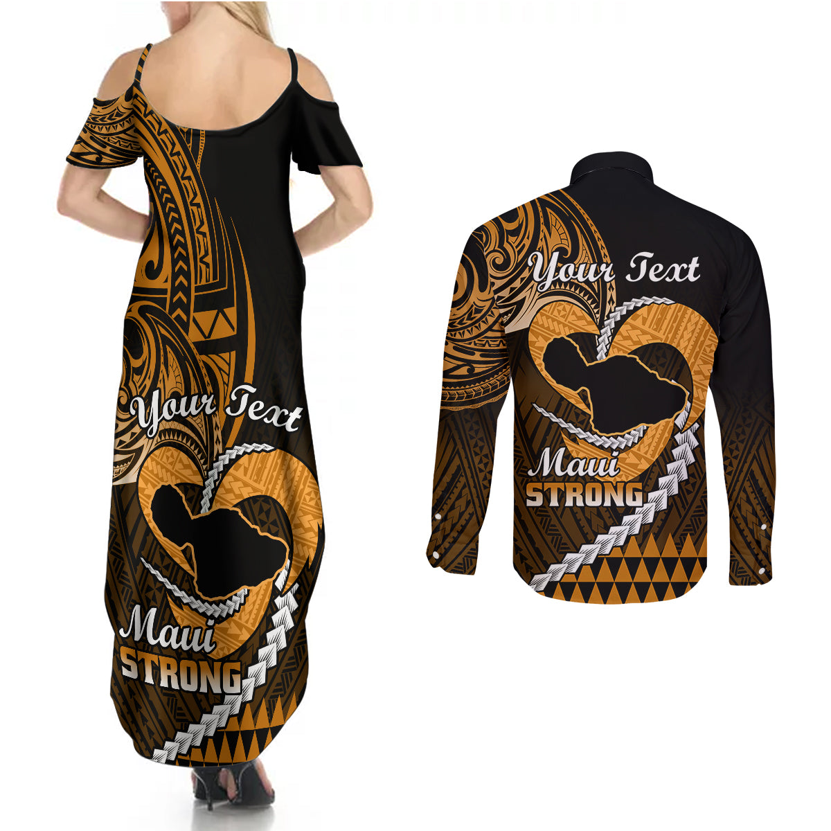 Personalised Hawaii Couples Matching Summer Maxi Dress and Long Sleeve Button Shirts Maui Be Strong Kakau Gold Version LT01 - Polynesian Pride