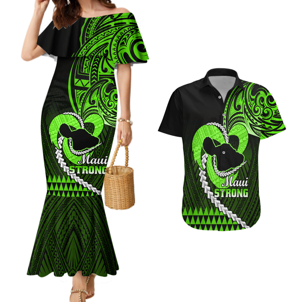 Personalised Hawaii Couples Matching Mermaid Dress and Hawaiian Shirt Maui Be Strong Kakau Green Version LT01 Green - Polynesian Pride